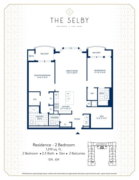 Floor plan for 2 beds, 2.5 baths, 1519 sqft